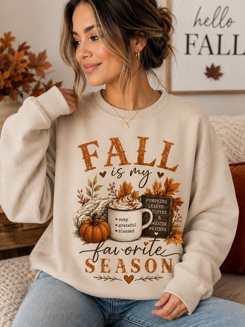 Fall Is My Favorite Season Beige Graphic Sweatshirt
